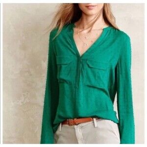 Maeve Anthropologie Women’s Green Swiss Dot Blouse Pullover Pockets Size 4